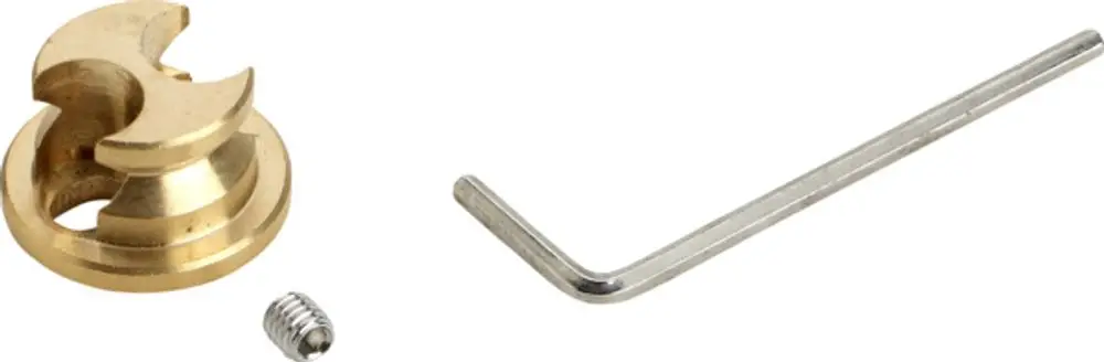 Befestigungsset von Ideal Standard, bestehend aus einer Metallhalterung, einer Schraube und einem Imbus-Schlüssel. Die Teile sind für die Montage vorgesehen und sichtbar angeordnet.